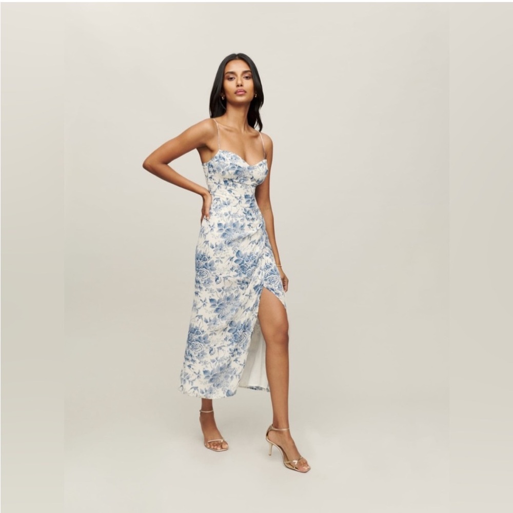 Reformation Cream Dress with Blue Floral Design
